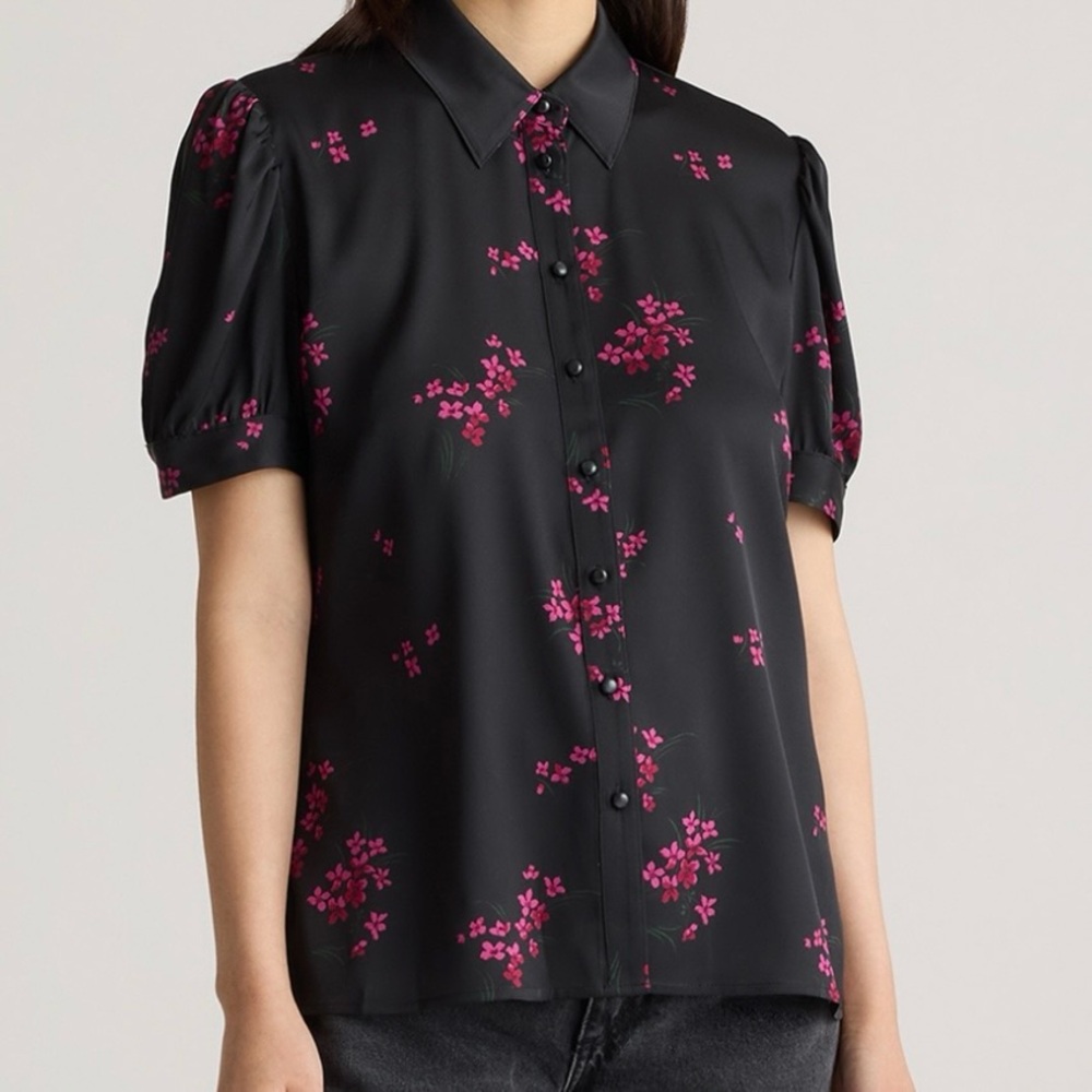 Quince Black Short Sleeve Button-Up Blouse with Pink Floral Accents